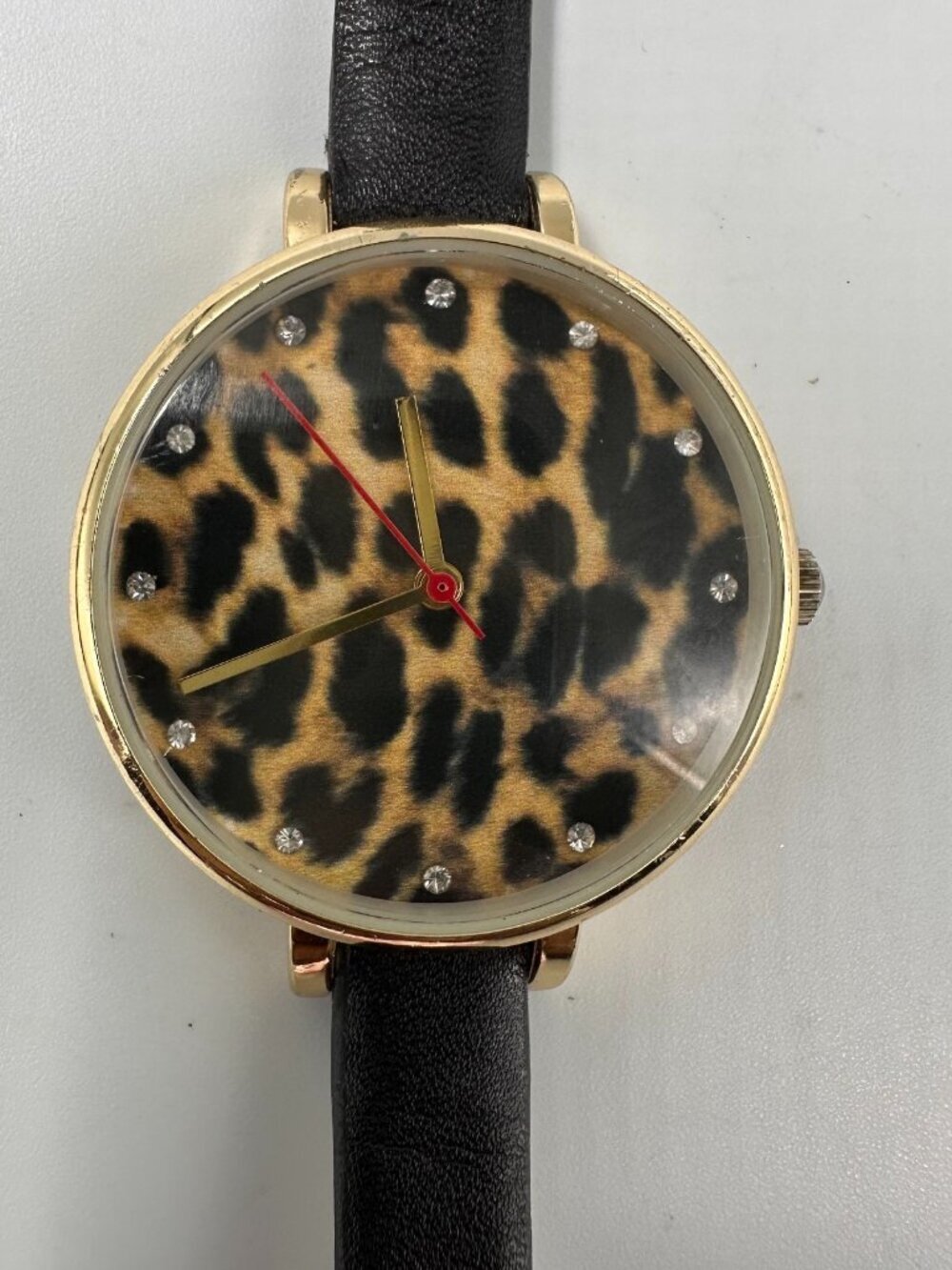 3/$30 Women Watch Gold Tone Animal Print Dial Black Vegan Leather Band